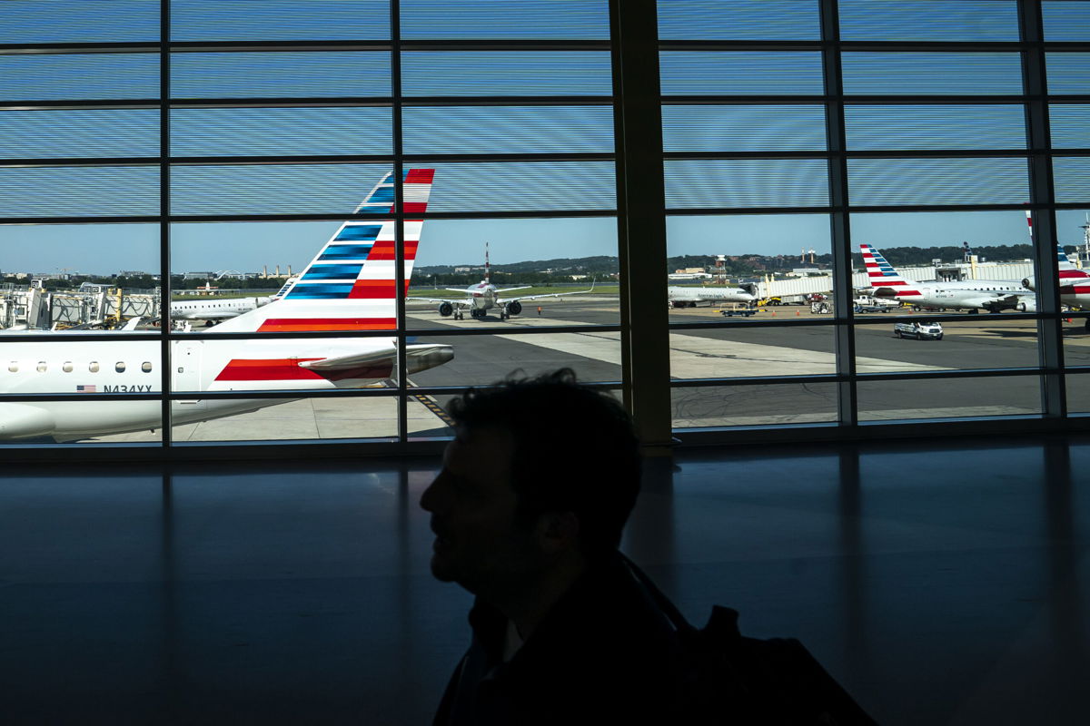 <i>Nathan Howard/Getty Images</i><br/>A traveler walks past American Airlines planes gated at Ronald Regan Washington National Airport on July 11 in Arlington