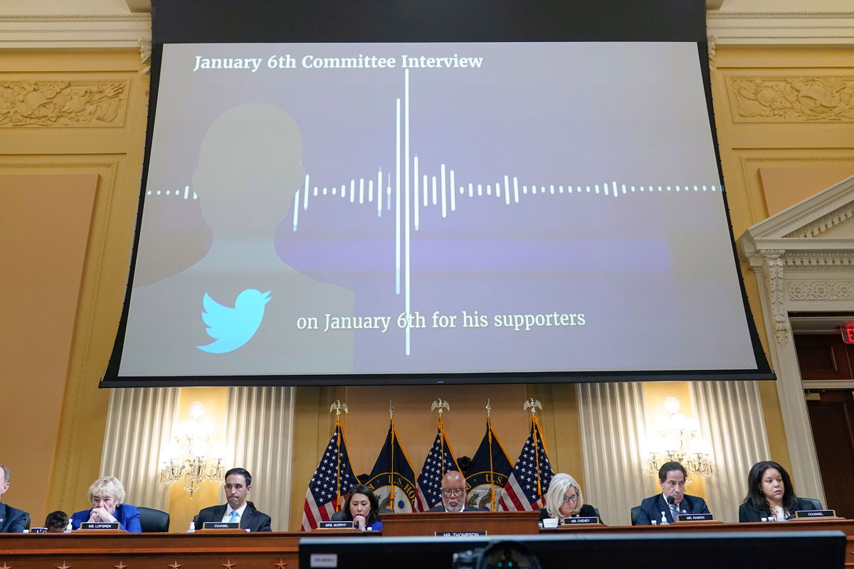 <i>Jacquelyn Martin/AP</i><br/>A video of a recording from a Twitter interview is displayed as the House select committee investigating the Jan. 6 attack on the U.S. Capitol holds a hearing at the Capitol in Washington