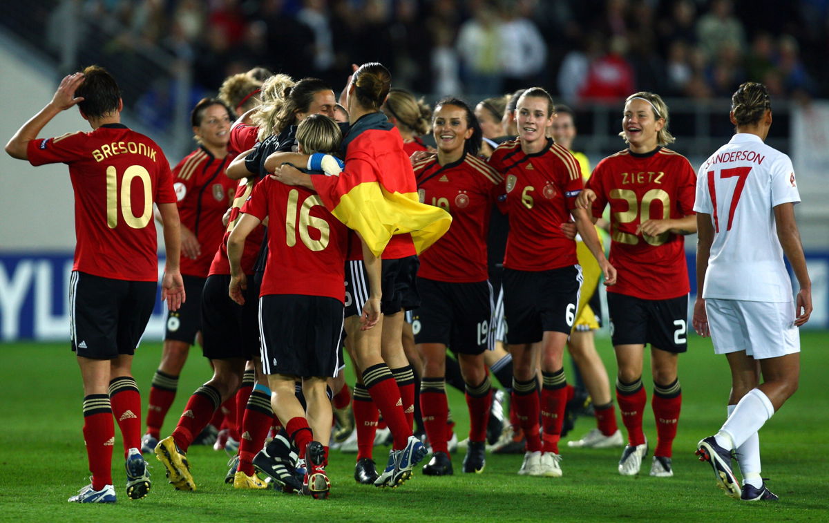 <i>Ian Walton/Getty Images Europe/Getty Images</i><br/>Germany's players celebrate after beating England in the final of the Women's Euro 2009.