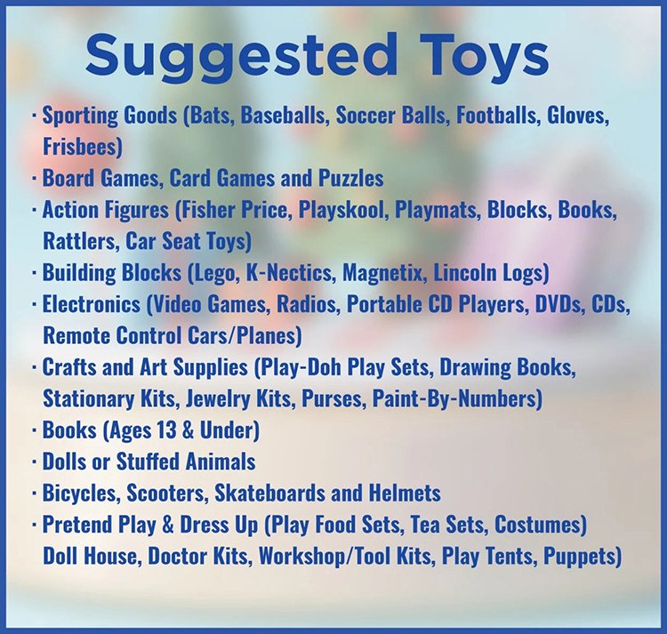 Suggested Toys include sporting goods, board games, card games, puzzles, action figures, building blocks, electronics, arts and craft supplies, books, dolls or stuffed animals.