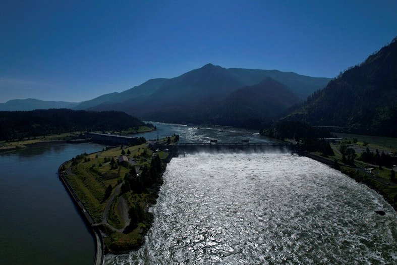 Water spills over the Bonneville Dam on the Columbia River, which runs along the Washington and Oregon state line. Hydroelectric dams, like the Bonneville Dam, on the Columbia and its tributaries have curtailed the river's flow, further imperiling salmon migration from the Pacific Ocean to their freshwater spawning grounds upstream