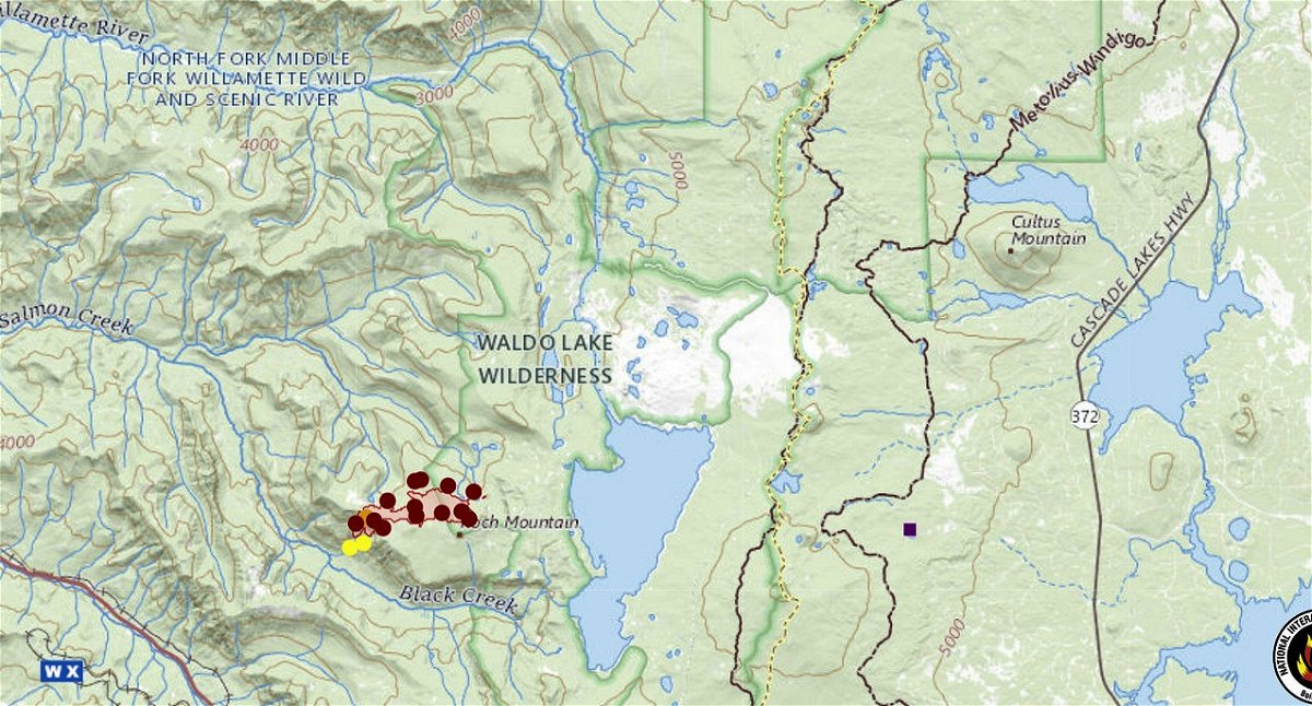 Thursday morning location map of the Cedar Creek Fire near Waldo Lake