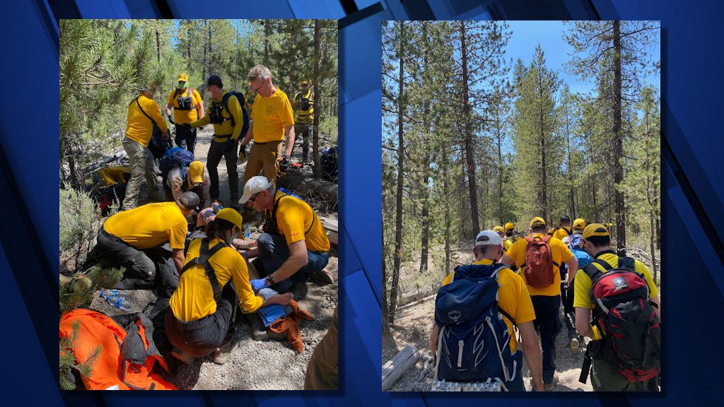 Deschutes County Sheriff's Office Search and Rescue treated, brought injured motorcyclist to waiting Bend Fire ambulance