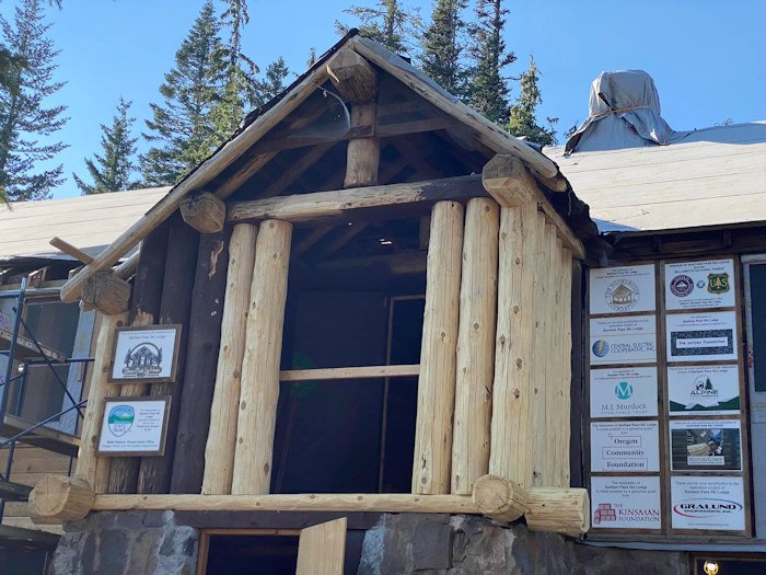 New entry of the Santiam Pass Ski Lodge undergoing restoration
