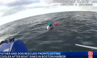 A father and son were rescued from the chilly waters of Boston Harbor after their boat struck some rocks and ended up in the water.