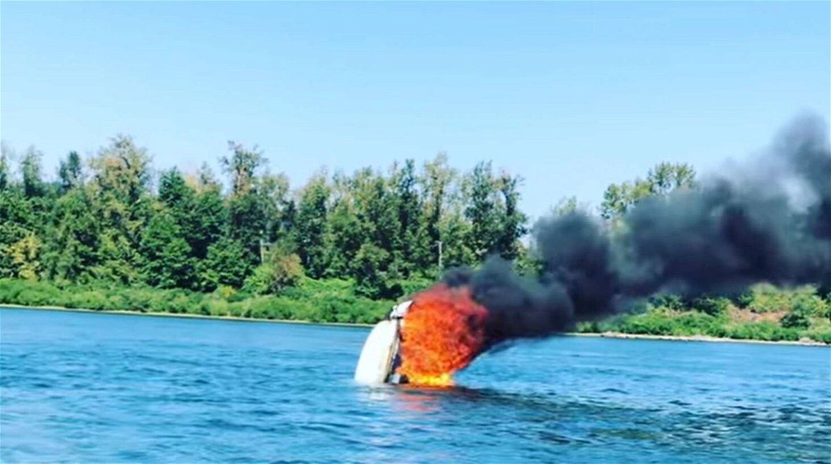 <i>Gresham Firefighters /Instagram/KPTV</i><br/>Boat fire on the Columbia River in Gresham