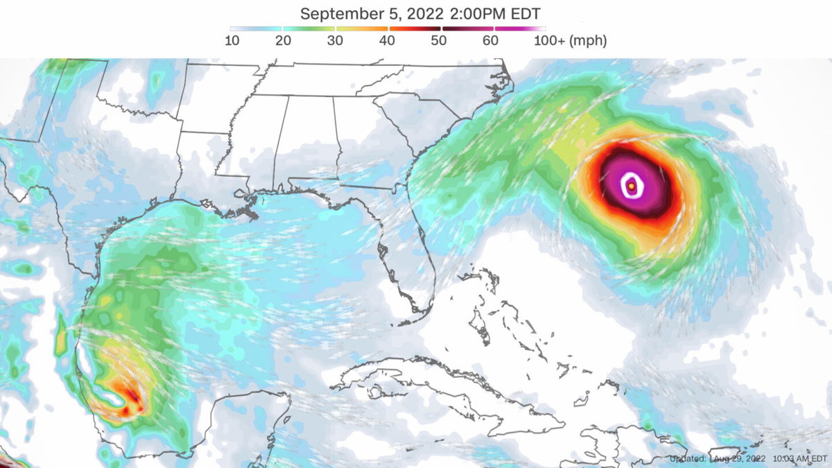 <i>CNN Weather</i><br/>The American model is forecasting more than 100 mph wind gusts with this potential storm on Labor Day. Both forecast models -- the American and the European -- show the storm forming. Right now
