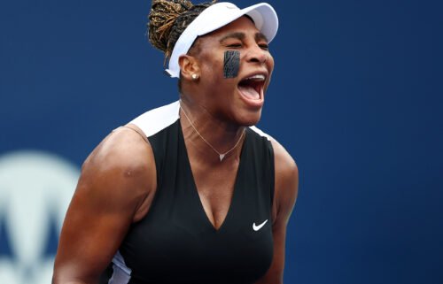 Williams celebrates in her match against Párrizas Díaz -- her first singles win in 430 days.