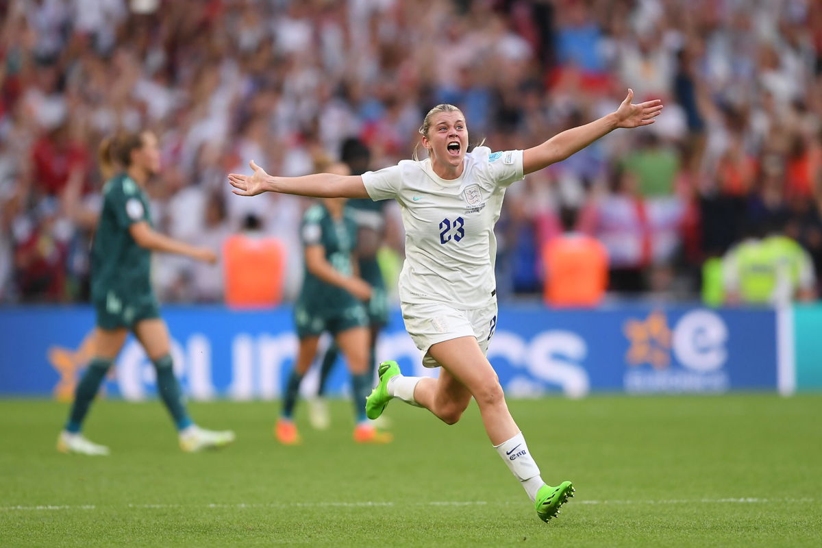 <i>Harriet Lander/Getty Images Europe/Getty Images</i><br/>Alessia Russo celebrates after the final whistle against Germany.