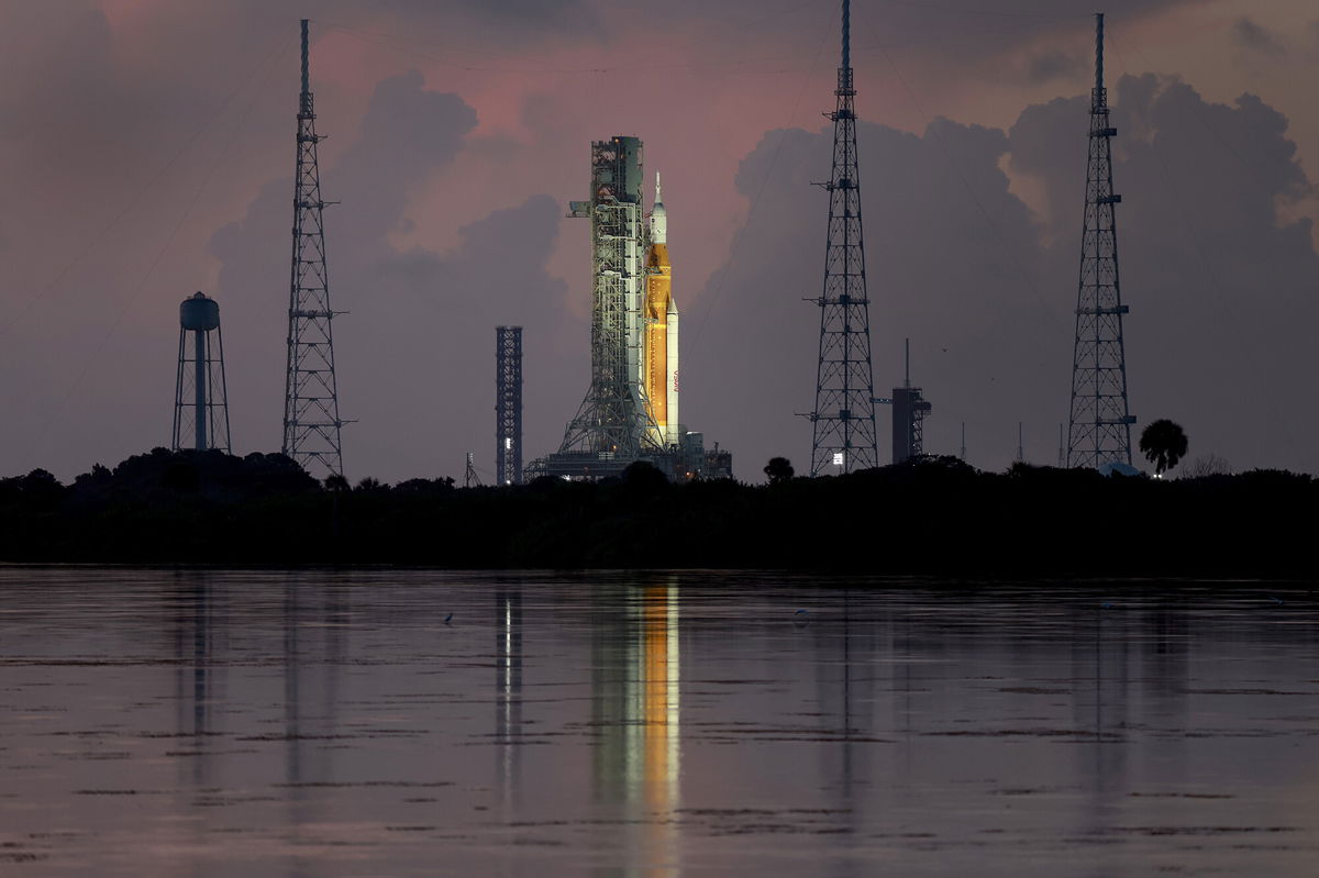 <i>Joe Raedle/Getty Images</i><br/>NASA's Artemis I rocket sits on launch pad 39-B at Kennedy Space Center on August 30 in Cape Canaveral