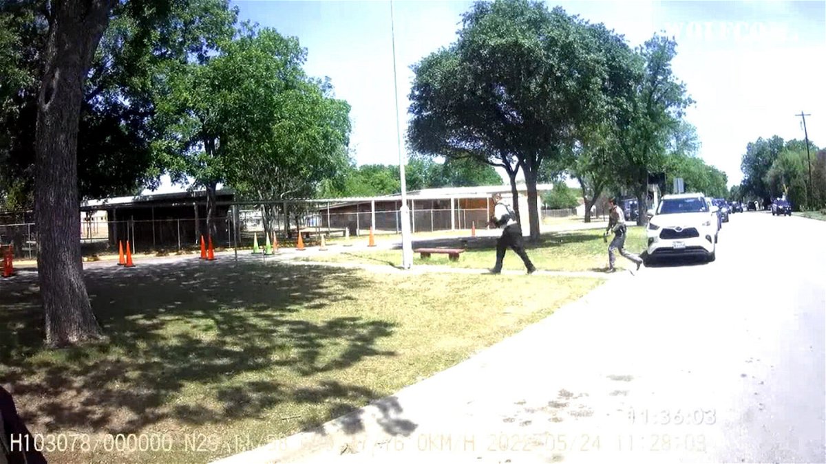 <i>City of Uvalde</i><br/>Body camera footage released by the city of Uvalde in July shows a Texas Department of Public Safety trooper on scene outside Robb Elementary School earlier than previously known.