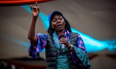 Veteran politician and former Justice Minister Martha Karua addresses a crowd during a campaign rally in Kirigiti Stadium on August 1
