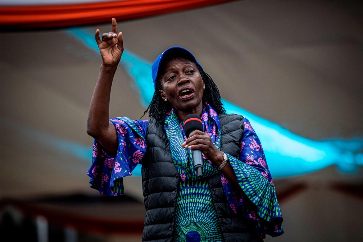 <i>Ed Ram/Getty Images Europe/Getty Images</i><br/>Veteran politician and former Justice Minister Martha Karua addresses a crowd during a campaign rally in Kirigiti Stadium on August 1
