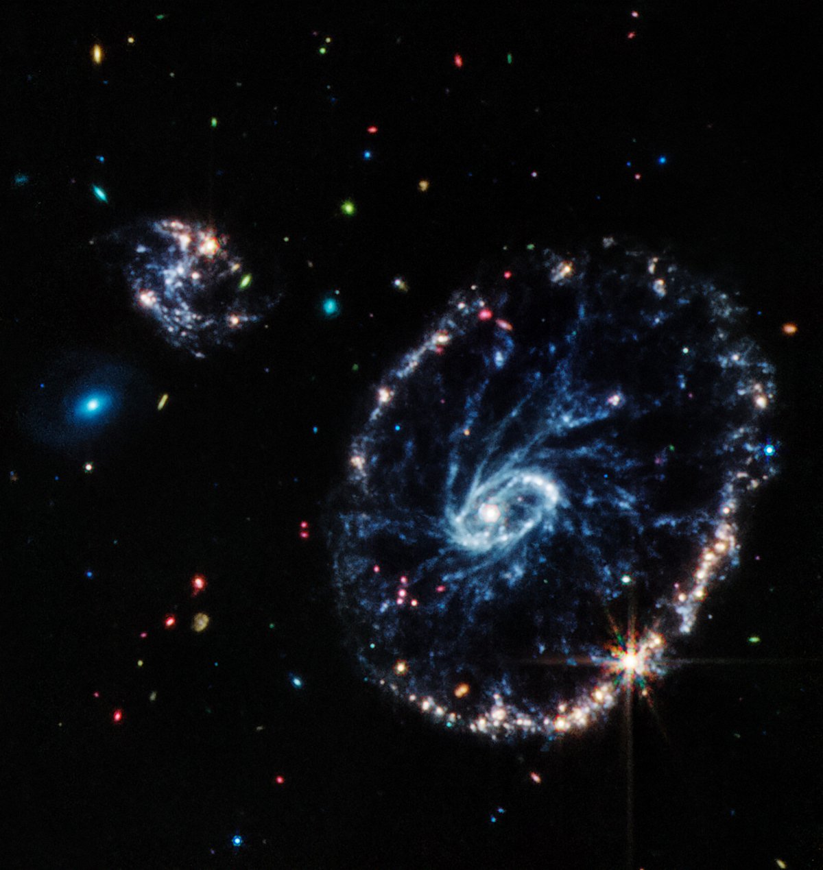 <i>NASA/ESA/CSA/STScI</i><br/>This image from Webb's Mid-Infrared Instrument shows the structure of the Cartwheel galaxy.