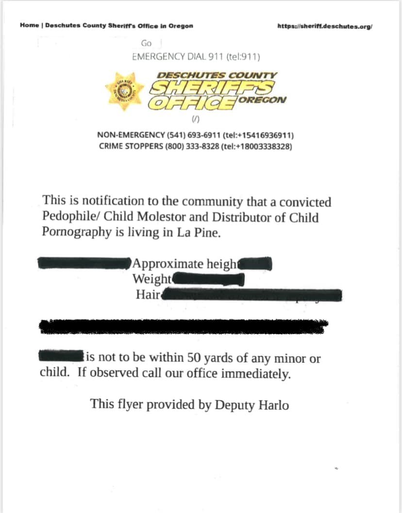 DSCO ‘fake flier’ given to residents in La Pine, falsely accusing person as sex offender