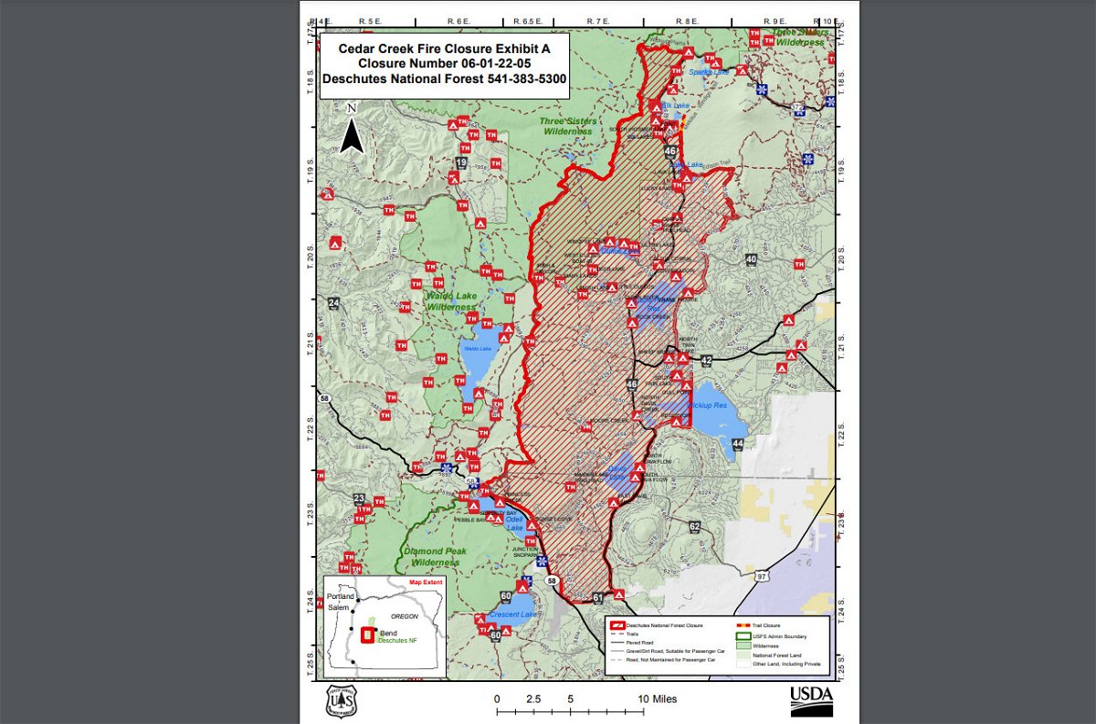 Deschutes National Forest greatly widens Cedar Creek Fire closure area due to growth near Waldo, Cultus lakes