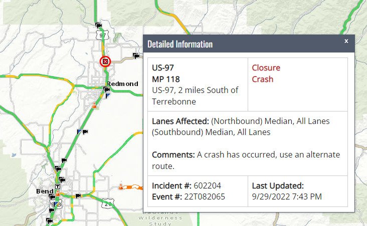 Highway 97 reopens after serious-injury crash north of Redmond