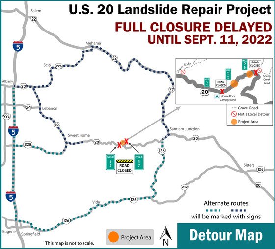 Reopening of U.S. Highway 20 east of Sweet Home after repair project delayed to Friday at midnight