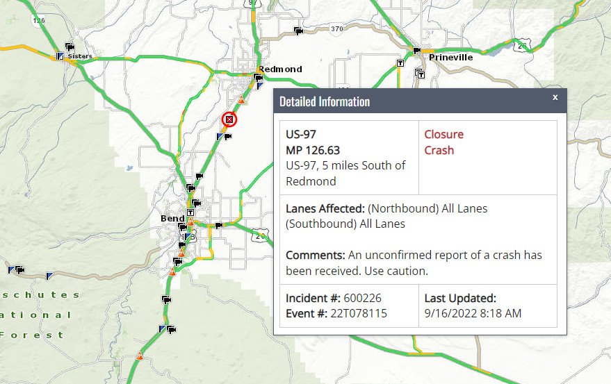 Multiple-vehicle injury crash closes Highway 97 south of Redmond
