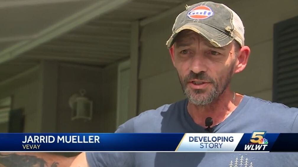 <i>WLWT</i><br/>Jarrid Mueller and his family had a matter of seconds to escape the rising flood waters on Saturday night.