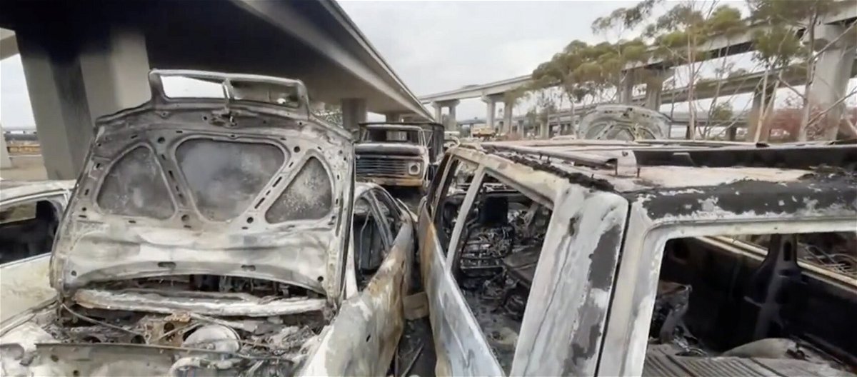 <i>KPIX</i><br/>The latest in several fires that have erupted at Oakland's troubled Wood St. homeless encampment burned about 20 abandoned vehicles early Tuesday morning.