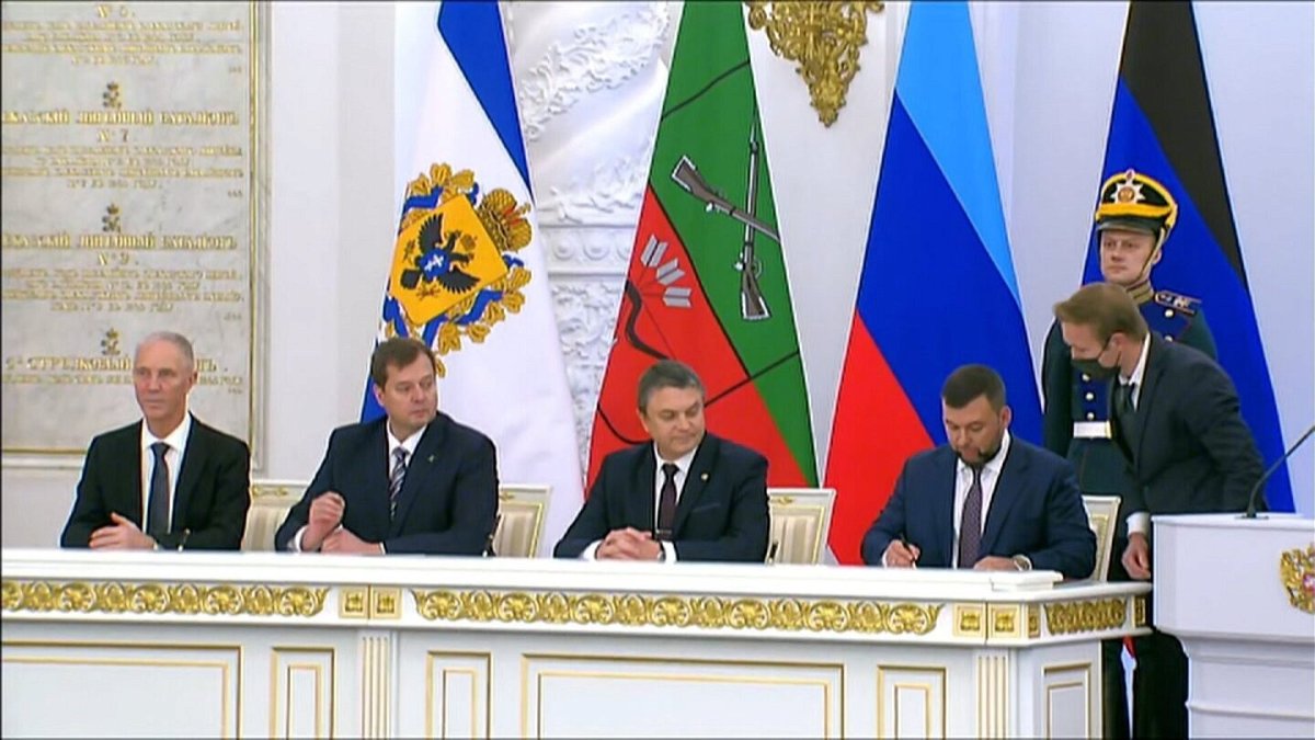 <i>POOL via VGTRK</i><br/>The annexation documents were signed between Putin on behalf of the Russian Federation and the heads of the self-proclaimed Donetsk and Luhansk People’s Republics and of occupied parts of Zaporizhzhia and Kherson regions.