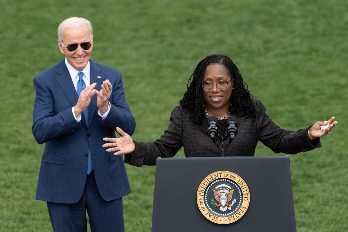 <i>JIM WATSON/AFP/AFP via Getty Images</i><br/>Judge Ketanji Brown Jackson (right) speaks as President Joe Biden reacts at an event celebrating Jackson's confirmation to the Supreme Court at the White House on April 8.