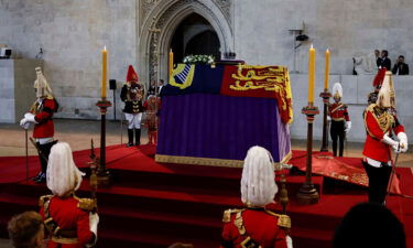 The coffin of Britain's Queen Elizabeth II arrives at Westminster Hall from Buckingham Palace for her lying in state
