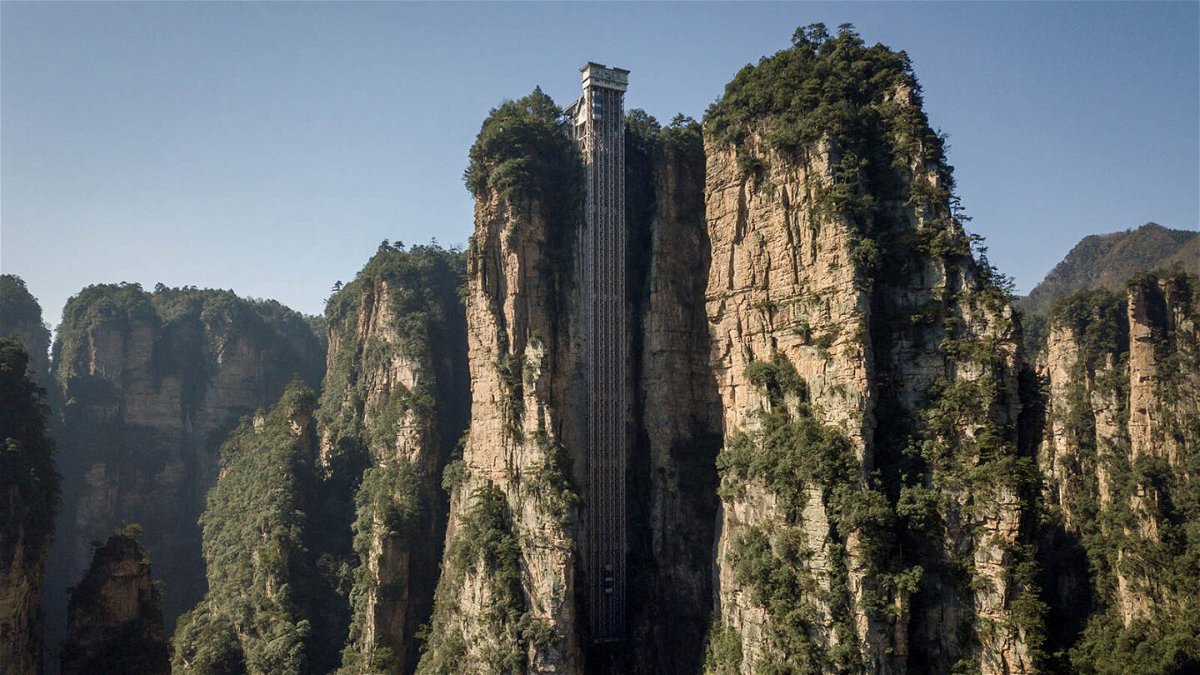 <i>WANG ZHAO/AFP/AFP via Getty Images</i><br/>This picture taken in November of 2020 and shows an aerial view of the Bailong elevators in Zhangjiajie