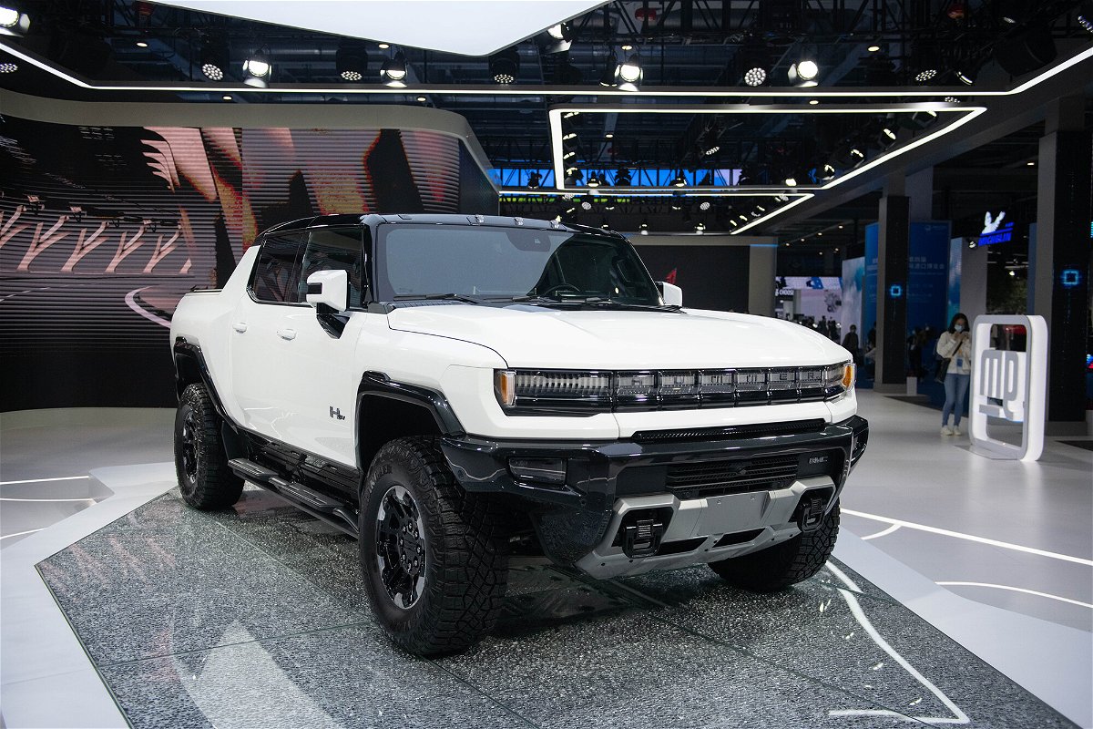<i>Meng Tao/Xinhua/Getty Images</i><br/>A hummer electric pickup truck is seen here in November 2021 at the Automobile Exhibition Area of the 4th China International Import Expo CIIE in Shanghai. General Motors has stopped taking orders for the Hummer EV.