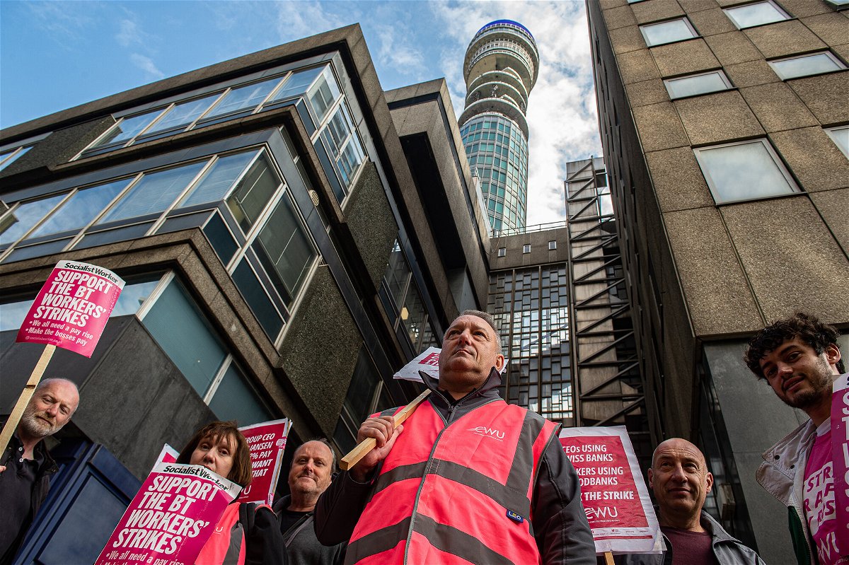 <i>Guy Smallman/Getty Images</i><br/>BT workers on strike over  pay on August 30 in London