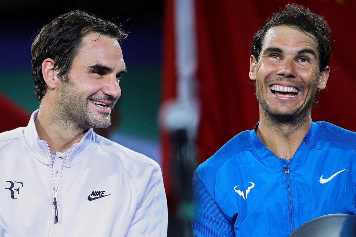 <i>Lintao Zhang/Getty Images AsiaPac/Getty Images</i><br/>Federer (left) and Nadal laugh together following a match in Shanghai in 2017.