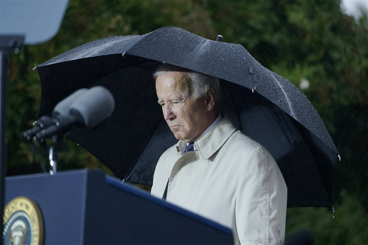 <i>Susan Walsh/AP</i><br/>President Joe Biden stands during a moment of silence during a ceremony at the Pentagon on September 11
