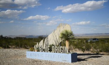 Blue Origin experienced an "anomaly" during an uncrewed launch of its New Shepard rocket from West Texas on September 12. A sign is seen at an entrance to Blue Origin's Launch Site One in Van Horn