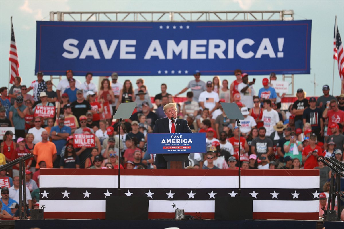 <i>Michael B. Thomas/Getty Images</i><br/>Former US President Donald Trump gives remarks during a Save America Rally at the Adams County Fairgrounds on June 25 in Mendon