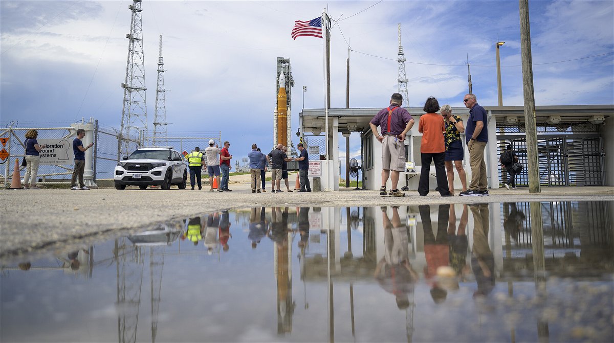<i>Bill Ingalls/NASA/Getty Images</i><br/>NASA's Space Launch System (SLS) rocket with the Orion spacecraft aboard is seen atop a mobile launcher at NASA's Kennedy Space Center on August 28. The Artemis I launch team is gearing up for another countdown that will begin on September 3.