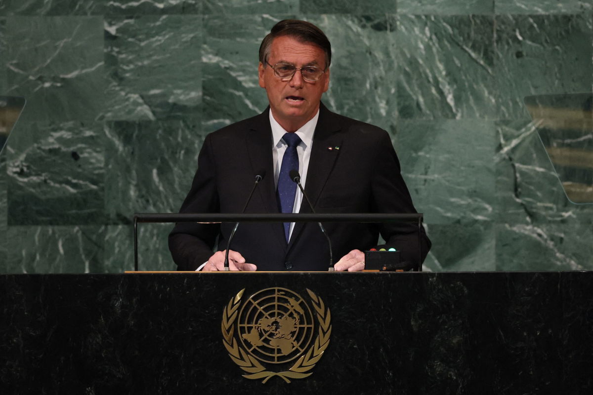 <i>Brendan McDermid/Reuters</i><br/>Brazil's President Jair Bolsonaro addresses the 77th Session of the United Nations General Assembly at UN Headquarters in New York City on September 20.