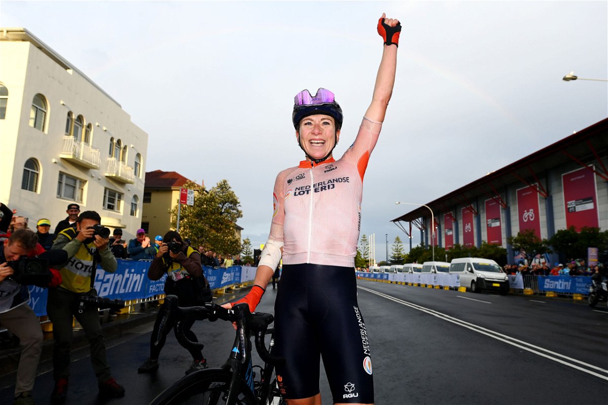 <i>Tim de Waele/Velo/Getty Images</i><br/>Annemiek Van Vleuten of Netherlands celebrates winning the 95th UCI Road World Championships 2022 - Women Elite Road Race in Wollongong