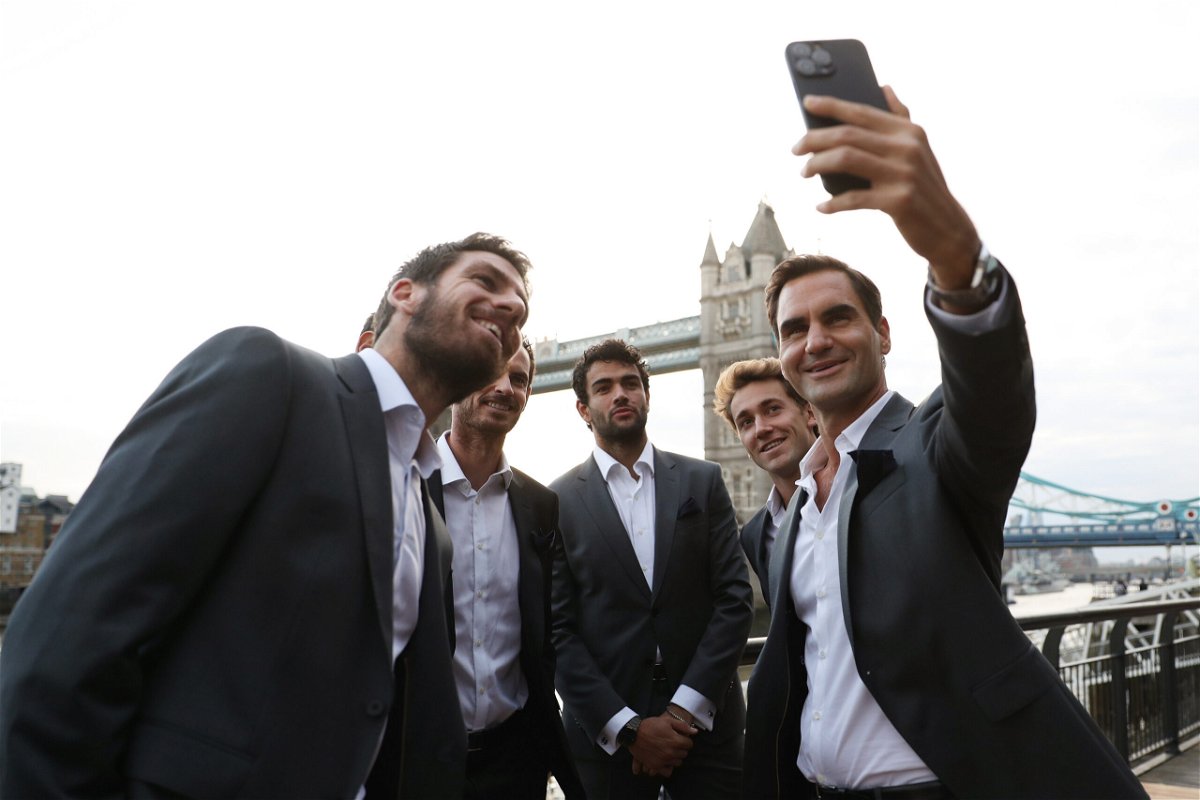 <i>Cameron Smith/Getty Images</i><br/>Roger Federer takes a selfie with his Team Europe teammates ahead of the 2022 Laver Cup on September 21.