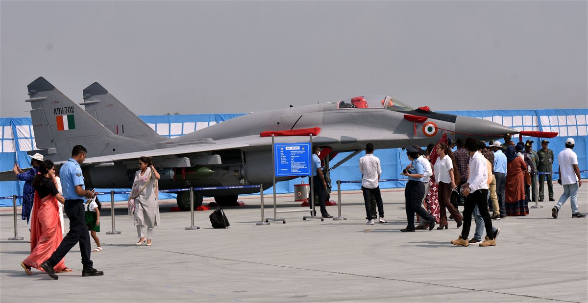 <i>Sonu Mehta/Hindustan Times/Getty Images</i><br/>An Indian Air Force Mig 29 fighter jet is pictured here on October 6