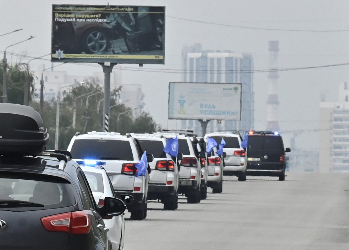 <i>Genya Savilova/AFP via Getty Images</i><br/>United Nations' vehicles carrying members of the International Atomic Energy Agency (IAEA) leave the city of Zaporizhzhia on September 1.