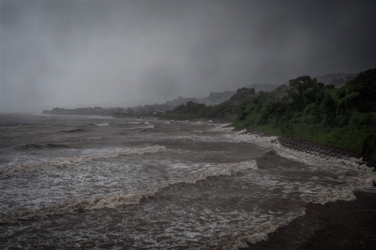 <i>Yuichi Yamazaki/AFP/Getty Images</i><br/>Waves generated by Typhoon Nanmadol break along the coast in Izumi