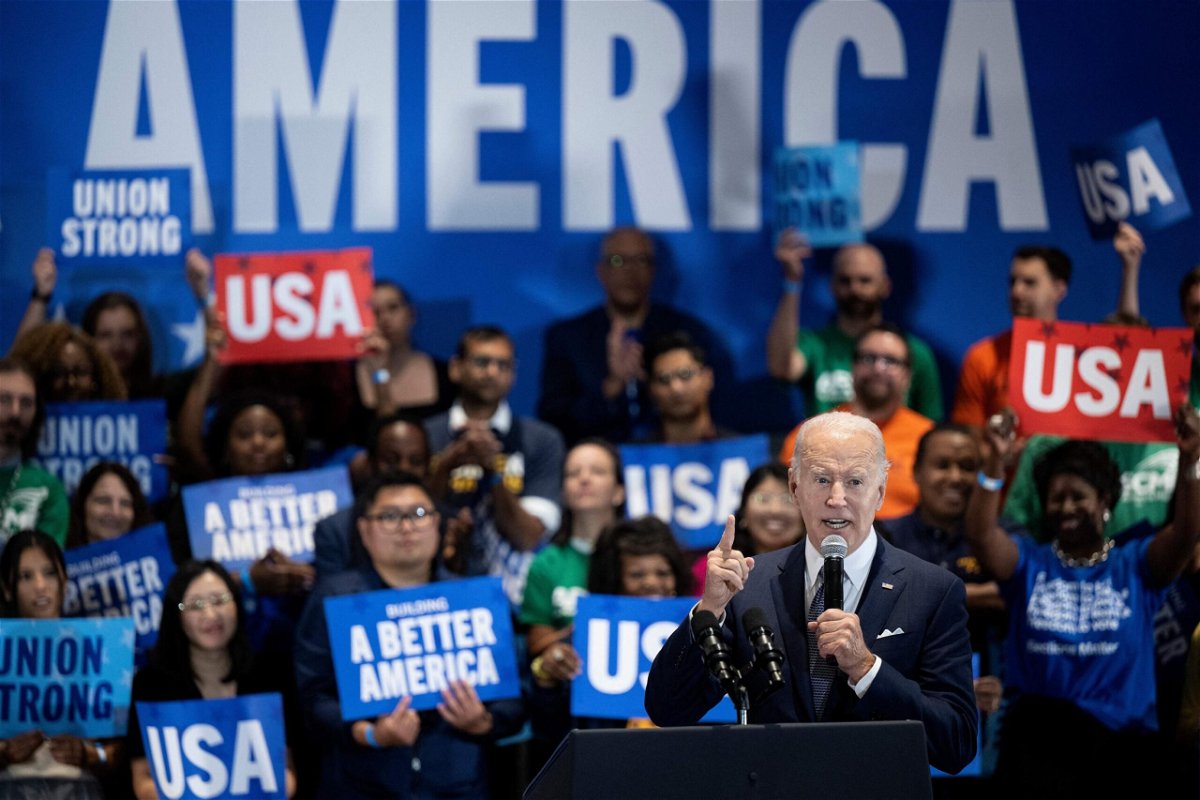 <i>Brendan Smialowski/AFP/Getty Images</i><br/>President Joe Biden speaks to supporters at the National Education Association Headquarters on September 23 about the upcoming midterm elections.
