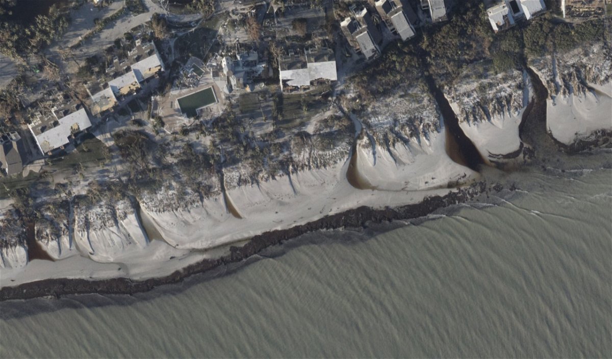<i>NOAA</i><br/>An aerial view of beach erosion near Casa Ybel Beach Resort on Sanibel Island