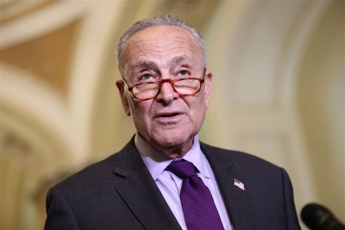 <i>Kevin Dietsch/Getty Images</i><br/>Senate Majority Leader Chuck Schumer speaks following a Democratic policy luncheon at the US Capitol in September 2021 in Washington