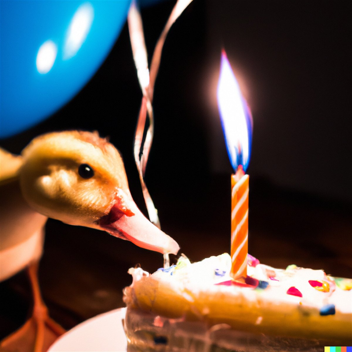 <i>AI Image/Dall-e 2</i><br/>This image of a duck blowing out a candle on a cake was created by CNN's Rachel Metz via DALL-E 2.
