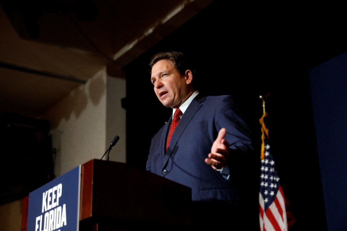 <i>Octavio Jones/Reuters</i><br/>Florida Gov. Ron DeSantis speaks after the state's primary elections in Tampa on August 24. Ron DeSantis has thrust Florida into an escalating battle between red state leaders and the Biden administration over the US-Mexico border.