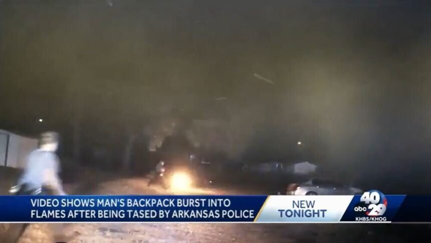 <i>Arkansas State Police/KHBS</i><br/>A man's backpack burst into flames after being tased by a state trooper.