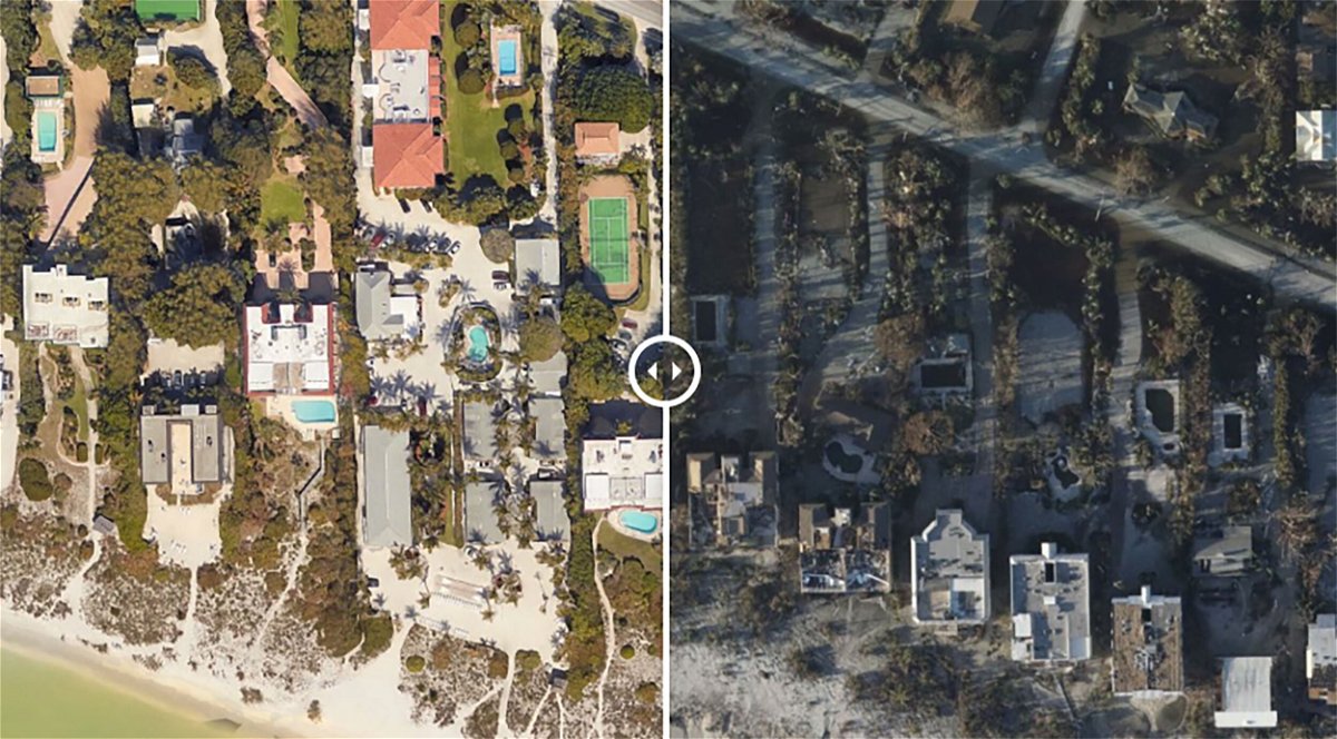 <i>NOAA</i><br/>Many beach cottages that lined the shores of Sanibel Island were wiped away by Hurricane Ian’s storm surge