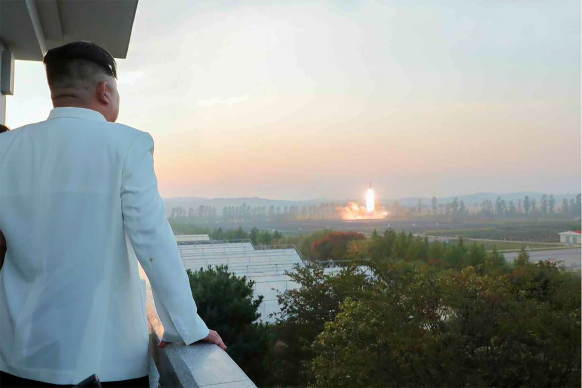 <i>Rodong Sinmun</i><br/>Kim Jong Un watches a missile launch in a photo released by North Korean state media on Monday.